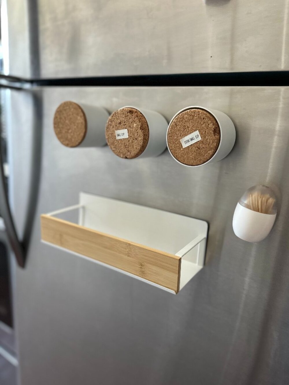 Magnetic Refrigerator Organizer Bamboo Shelf, 3 storage Jars, & Toothpick dispen